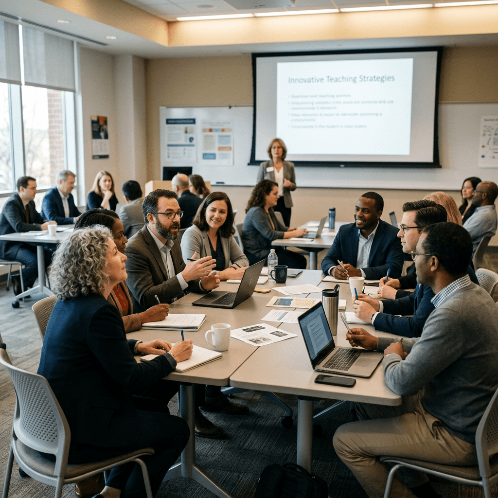 Group of professionals seated around tables discussing and taking notes during a business meeting