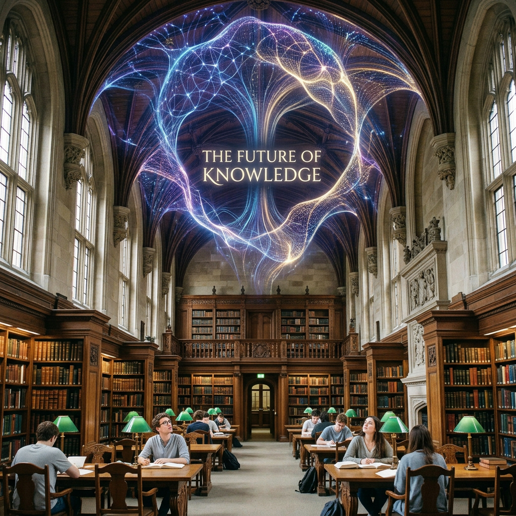 Library interior with students reading and digital network light display titled The Future of Knowledge